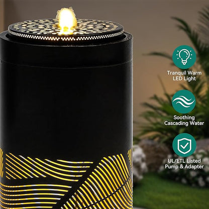 23.6 Inch Modern Outdoor Water Fountain with LED Lights - Black Geometric Bird Bath Garden Fountain for Patio, Yard, Porch Decor - Soothing Waterfall for Relaxing Ambiance