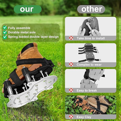NAZZO Upgrade Lawn Aerator Shoes, Patented Double Layer Lawn Shoes, Aluminum Soleplate Spring-Loaded Design, No Dirt on The Shoes, Soil Yard Aerator Tool for Aerating Patio Garden, Black