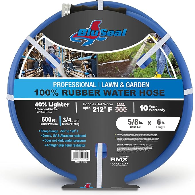 BluSeal Hot/Cold Water Rubber Garden Hose, 100% Rubber, Ultra-Light, Super Strong, 500 PSI, 50F to 190F Degrees, High Strength Polyester Braided (5/8" x 6')