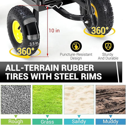 Steel Garden Cart, 900 LBS Heavy Duty Metal Garden Wagon with 10 in Wheels, Metal Push Wagon with 180° Rotating Handle and Removable Sides for Farm, Yard