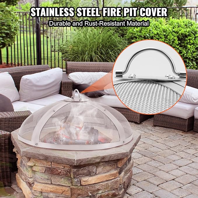 Fire Pit Spark Screen Round 27", Reinforced Heavy Duty Steel Metal Cover, Outdoor Firepit Lid, Easy-Opening Top Screen Covers Round with Ring Handle for Outdoor Patio Fire Pits Backyard
