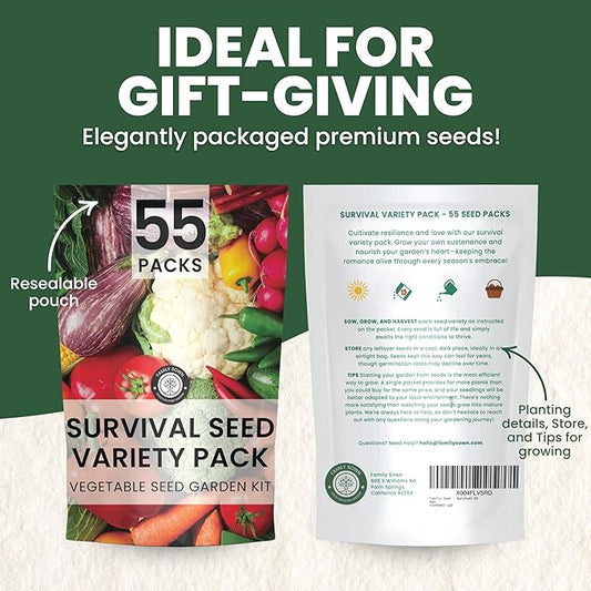 55 Vegetable Seed Packets | Survival Variety Pack | 2025 Season | Individually Packed Vegetables, Herbs and Fruits | Emergency Seed Vault for Doomsday Prepping | by Family Sown