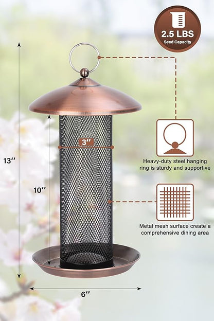 Gtongoko Finch Bird Feeders for Outdoors 2.5 LB Capacity Squirrel Proof Metal Tube Bird Feeders Thistle & Nyjer Seed Hanging Feeder, Copper, 1 Pack