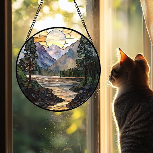 Stained Glass Window Hanging, Sunset Mountains Lake Tree Sun Catcher for Window Home Decor Landscape Suncatcher Mother's Day Birthday Gifts for Women Men Mom and Nana 6.3 in
