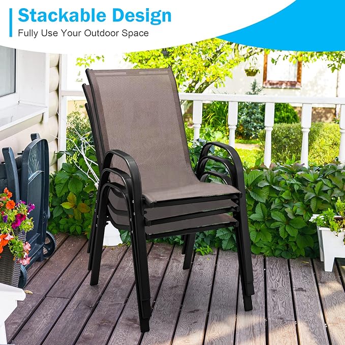 Tangkula 4 Pieces Patio Dining Chairs, Outdoor Stackable All Weather Heavy Duty Dining Chairs Set with Armrests, Support 330 LBS, for Poolside, Backyard, Garden, Deck, Front Porch (Brown)