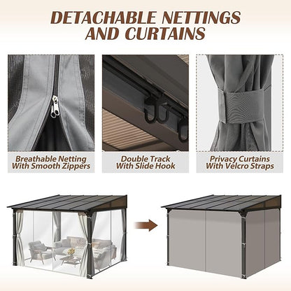 10 x10FT Outdoor Wall-Mounted Hardtop Gazebo, Aluminum Frame Lean to Gazebo with Polycarbonate Roof and Curtains for Patio, Garden, Deck