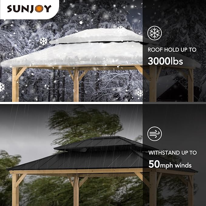 SUNJOY 13 x 15 ft. Wood Gazebo Cedar Framed Gazebos with Black Double Steel Hardtop Roof for Garden,Backyard Shade, Matte Black Roof + Natural Wood Frame