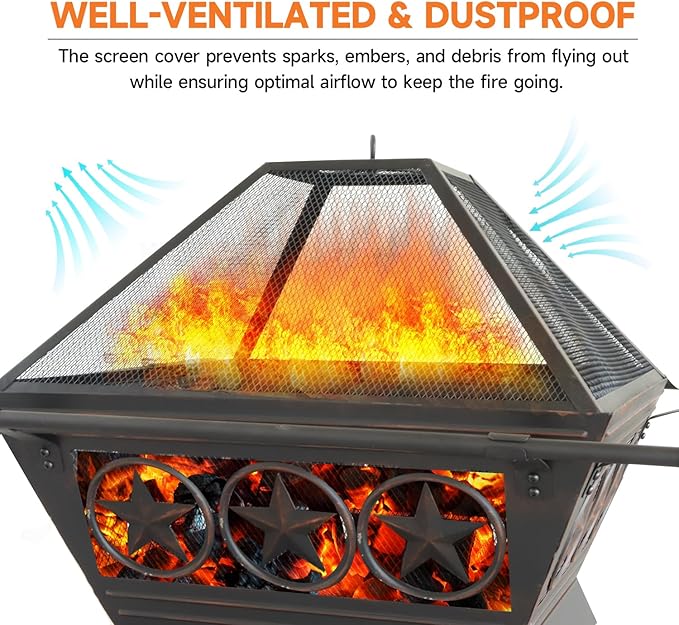 33-Inch Square Fire Pit, Large Metal Fireplace/Firepit with Mesh Lid, Poker, Waterproof Cover