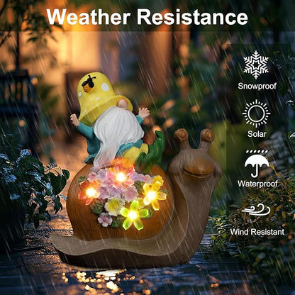 Solar Garden Outdoor Statue Snail Gnome with Succulent and LED Light - Patio,Lawn,Garden,Tortoise Statue for Patio,Unique Housewarming Gifts