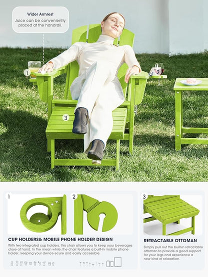 KINGYES Folding Adjustable Adirondack Chair with Ottoman & 2 Cup Holders Set of 2, HDEP Multifunctional Adirondack Chair with Footrest, Apple