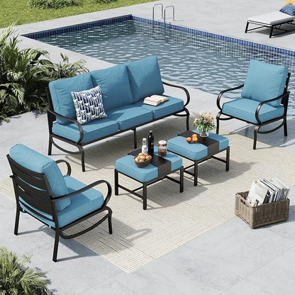 MFSTUDIO 5 Pieces Patio Conversation Sets, 7 Seats Metal Patio Furniture Sets with 1 x 3-Seat Sofa, 2 x Sofa Chairs, 2 x Ottoman, All Weather Steel Patio Sets with 5.75inch Navy Cushion for Garden