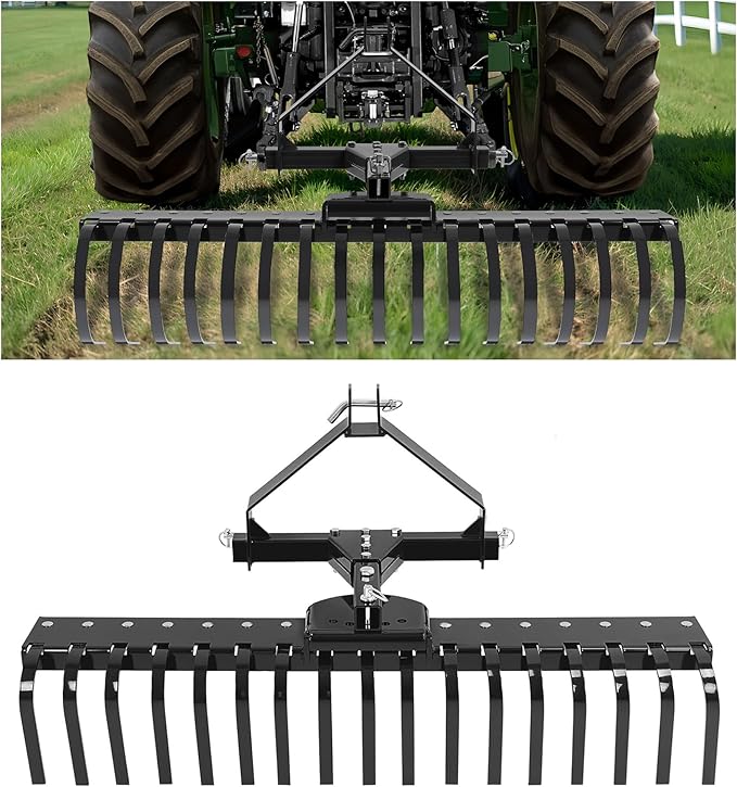 KUAFU 50" 3 Point Landscape Rake for Category-0 Cat-0 Tractor with 360 Degree Rotation, Replaceable Spring Tines and Pin Hith, Rock Attach Rake Tow Behind Dethatcher for Lawn, Garden, Farm, Grass