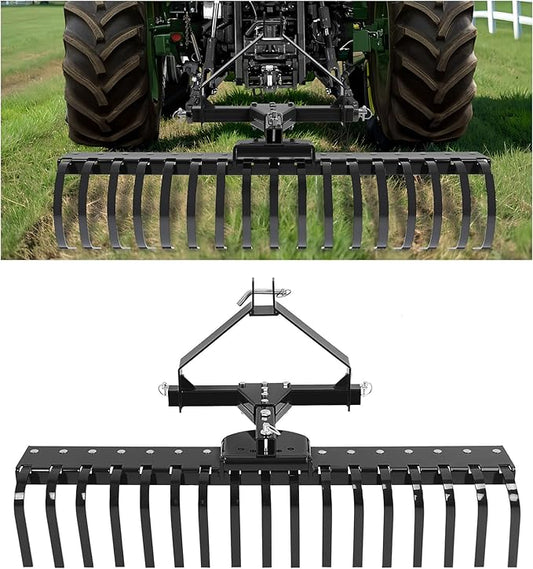 KUAFU 50" 3 Point Landscape Rake for Category-0 Cat-0 Tractor with 360 Degree Rotation, Replaceable Spring Tines and Pin Hith, Rock Attach Rake Tow Behind Dethatcher for Lawn, Garden, Farm, Grass