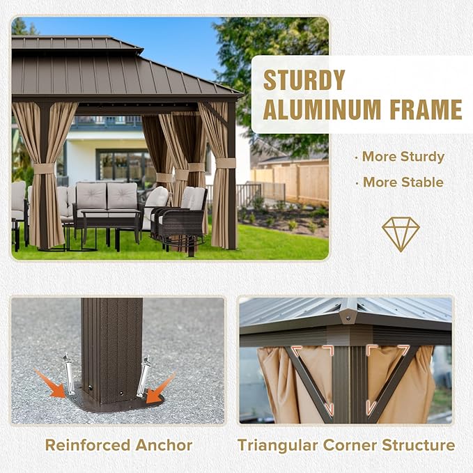 COOS BAY 12x20 Hardtop Gazebo with Aluminum Frame, Galvanized Steel Double Roof Outdoor Pavilion with Netting and Curtains, Dark Brown/Tan