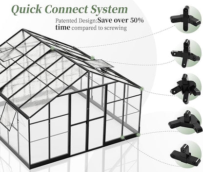 Jocisland 12x13.5x9 FT Polycarbonate Greenhouse, Outdoor Aluminum Greenhouse with 4 Ventilation,Quick Connect Fittings, 6.7 FT Height Double Doors, Fit for Backyard, Black
