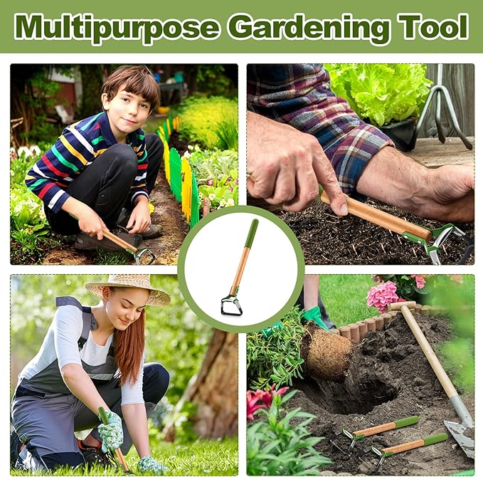 1 Pcs Mini Garden Hula Hoes for Weeding Long Stirrup Hoe Tools Scuffle Hoe Garden Tool for Lawn Yard Weeding Gardening (Wood Handle)