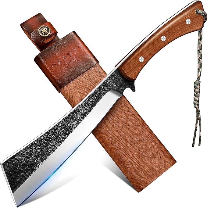 Freelander Japanese Style High Carbon Steel Machete with Red Sandalwood Ergonomic Full Tang Handle and Wood-Leather Sheath — Heavy-Duty Outdoor Tool for Camping, Hiking, Yard Work, and Survival