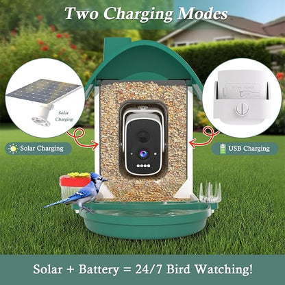 Bird Feeder with Camera, 2-in-1 Bird Bath and Perch, 3K Live View, Squirrel-Proof Cable, 2.4G WiFi, AI Detection, Instant Arrival Alerts, Backyard Birdwatching Gift for Birdlovers
