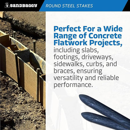 Sandbaggy Round Steel Concrete Form Stakes with Nail Holes - Rust Resistant Coating - Removable, Reusable (5, 3/4 in X 12 in)