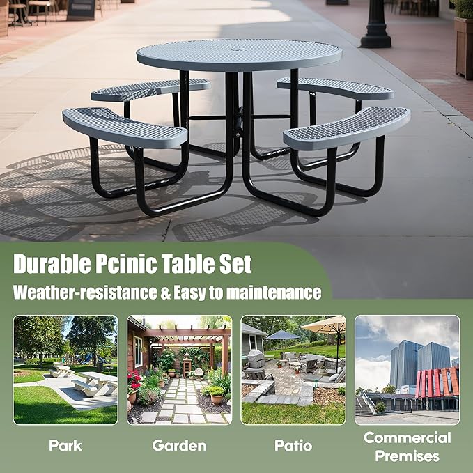 8-Person Picnic Tables for Outdoors, Industrial 46" Expanded Metal Round Picnic Table with 4 Benches & Umbrella Hole, Outside Table and Bench Set for Park, Garden, Backyard, Patio, Grey