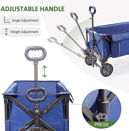 TIMBER RIDGE Tailgate Collapsible Folding Wagon Cart, Heavy Duty Utility Push Pull Beach Wagon Foldable, Outdoor Grocery Cart with Side Pockets for Camping, Garden, Shopping, Holds 225 lbs, Blue