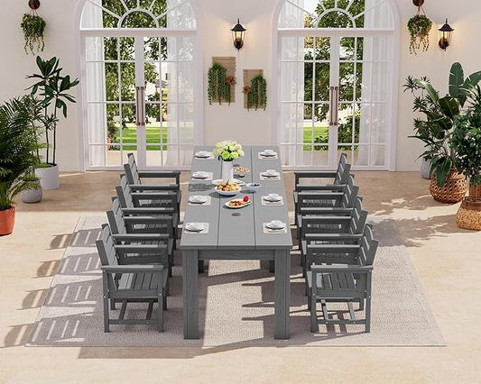 SERWALL Patio Dining Sets for 8, Outdoor Dining Sets for 8 Person with 2 Umbrella Hole Cut-Out Rectangular Tables and 8 Chairs, HDPE Dining Sets for Garden, Backyard, Poolside, Gray
