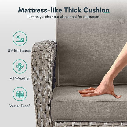 6 Piece Patio Furniture Set - Wicker Patio Conversation Set with Swivel Glider, Glider Loveseat, Tempered Glass Side Table and 2 Ottomans for Deck Backyard - Grey Wicker Grey Cushion