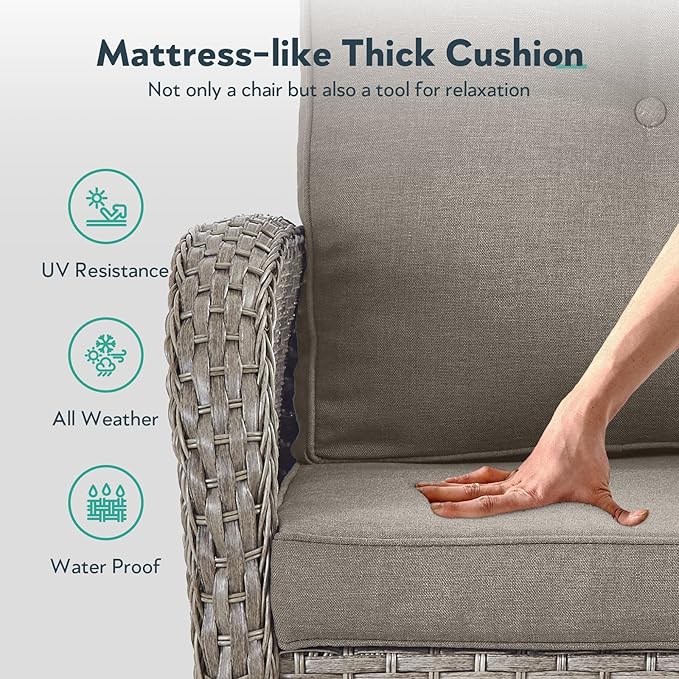 6 Piece Patio Furniture Set - Wicker Patio Conversation Set with Swivel Glider, 3-Seater Sofa, Tempered Glass Side Table and 2 Ottomans for Deck Backyard - Grey Wicker Grey Cushion