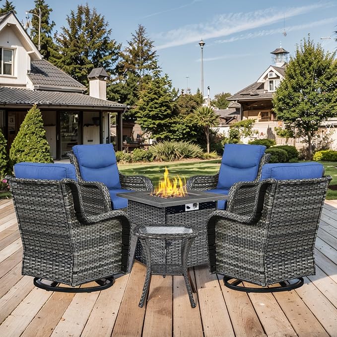 Patio Swivel Chairs with Smile-Shaped Cushions, 3 Piece High Back Patio Swivel Glider Chairs with Side Table 3PCS PE Rattan Luxury Swivel Patio Chair Set | Grey Wicker - Blue Cushions