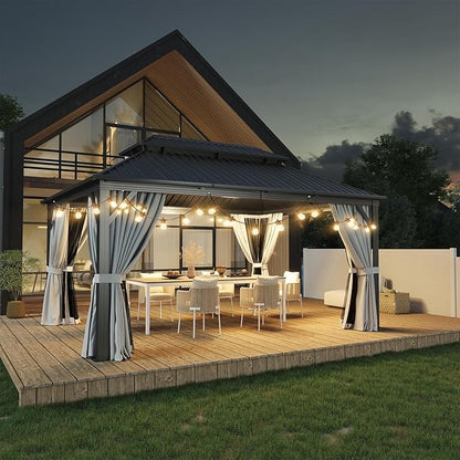 Aoxun Hardtop Gazebo 12FT X 16FT, Outdoor Pergolas with Mosquito Netting and Curtains, Galvanized Steel Double Roof Permanent Aluminum Gazebo, and LED Outdoor Waterproof Hanging Lights