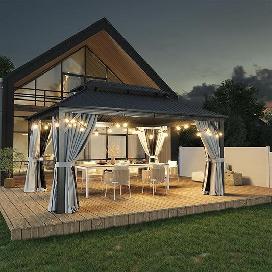 Aoxun Hardtop Gazebo 12FT X 16FT, Outdoor Pergolas with Mosquito Netting and Curtains, Galvanized Steel Double Roof Permanent Aluminum Gazebo, and LED Outdoor Waterproof Hanging Lights