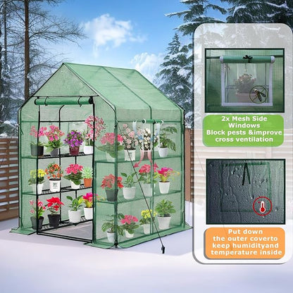 Walk-in Greenhouse for Outdoors, Thickened PE Cover & Heavy Duty Powder-Coated Steel, Mesh Door & Screen Windows, 14 Sturdy Shelves 4.7x4.7x6.4 FT, (GHW002G)