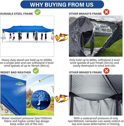 COBIZI 10x30 Pop up Canopy Tent 10x30 Canopy with Sidewall Waterproof Heavy Duty Commercial for Parties Outdoor Garden Gazebo Tent, Carry Bag with Wheel(10x30ft with Sidewalls,Blue)