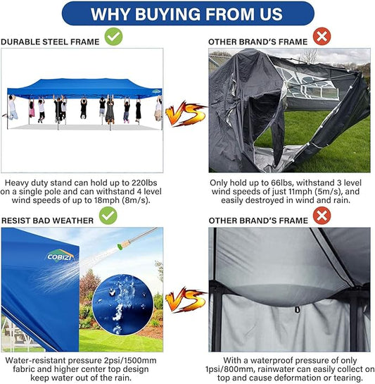 COBIZI 10x30 Pop up Canopy Tent 10x30 Canopy with Sidewall Waterproof Heavy Duty Commercial for Parties Outdoor Garden Gazebo Tent, Carry Bag with Wheel(10x30ft with Sidewalls,Blue)