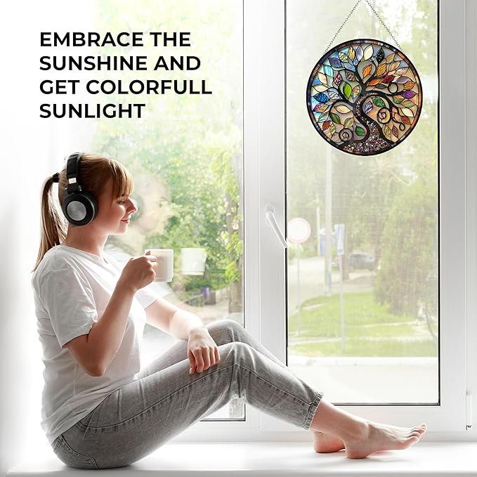 Bohemian Tree of Life Stained Glass Suncatcher 4 Season Colorful Window Wall Ornament Hand-Painted Glass Panel Decor Gift for Women Christmas Thanksgiving Gift 6.3"
