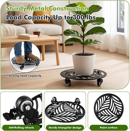 2 Packs Large Metal Plant Caddy with Wheels 13.6" and 12" Heavy-duty Wrought Iron Rolling Plant Stands with PU Metal Casters Indoor Outdoor Round Plant Pot Roller Base Planter Movers, Glossy Black
