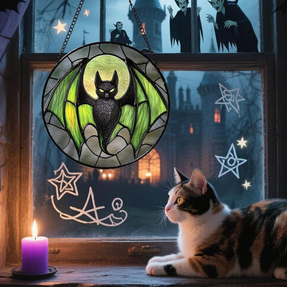 Stained Glass Window Hanging - Halloween Black Bat Green Wings Monster Suncatcher for Doors Garden Home Spooky Sun Catchers Gothic Decor Horror Gift for Women Men Friend Boy Girl 9.8 in
