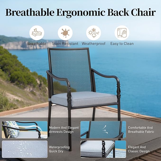Patio Table and Chairs Set of 4, All-Weather Breathable Metal Mesh Patio Chair with Gourd-Shaped Armrests, 42x42 Wood-Like Table with Umbrella Hole, 5 Pcs Metal Frame Patio Dining Set