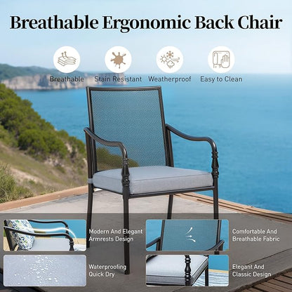 Patio Table and Chairs Set of 8, All-Weather Breathable Metal Mesh Patio Chair with Gourd-Shaped Armrests, 83x39 Rectangle Table with Umbrella Hole, 9 Pcs Metal Frame Patio Dining Set