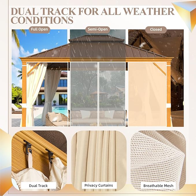 YOLENY 12' x 14' Hardtop Gazebo, Wood Grain Aluminum Frame Canopy with Galvanized Steel Double Roof, Outdoor Patio Gazebo with Netting and Curtains for Backyard, Patio, Lawns