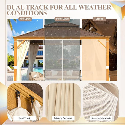 YOLENY 12' x 14' Hardtop Gazebo, Wood Grain Aluminum Frame Canopy with Galvanized Steel Double Roof, Outdoor Patio Gazebo with Netting and Curtains for Backyard, Patio, Lawns