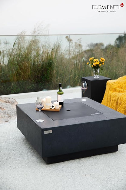 Elementi+ | Bundle Bergen Gas Fire Pit Cast Concrete 40" Square Fire Table, Outdoor Fire Pit Electronic Ignition | Canvas Cover, Fire Glass and Burner Lid Included | Dark Gray | Propane Gas