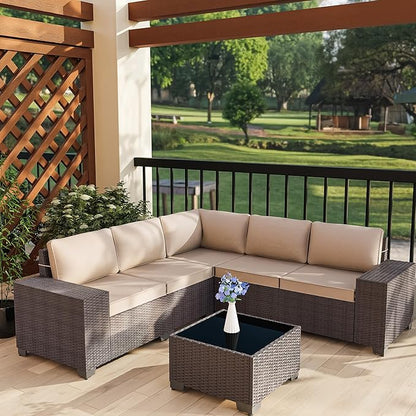 Outdoor Patio Furniture Set, 6 Pieces Outdoor Furniture All Weather Patio Sectional Sofa PE Wicker Modular Conversation Sets with Coffee Table,5 Chairs & Seat Clips Brown