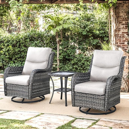 Patio Swivel Chairs with Smile-Shaped Cushions, 3 Piece High Back Patio Swivel Glider Chairs with Side Table 3PCS PE Rattan Luxury Swivel Patio Chairs Set Grey Wicker | Beige Cushions