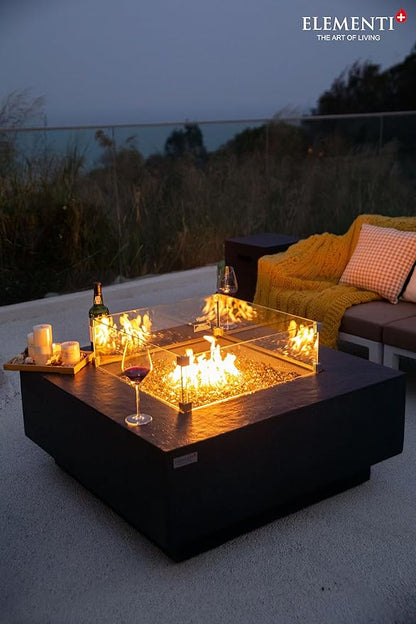 Elementi+ | Bundle Bergen Gas Fire Pit Cast Concrete 40" Square Fire Table, Outdoor Fire Pit Electronic Ignition | Canvas Cover, Fire Glass and Burner Lid Included | Dark Gray | Propane Gas