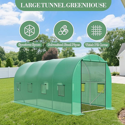 15X7x7 Ft Walk-in Tunnel Greenhouse for Outdoor Gardening - Heavy Duty Galvanized Steel Hoop House with Green PE Cover, Roll-Up Zipper Door & 8 Vent Windows, Garden Plant Protection for Winter Use