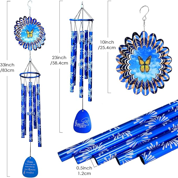 33" Memorial Wind Chimes Outside | Deep Tone Sympathy Windchime with Animated Butterfly Spinner, Rust-Resistant Garden Decoration, Gift for Women/Mom/Wife/Grandma/Housewarming