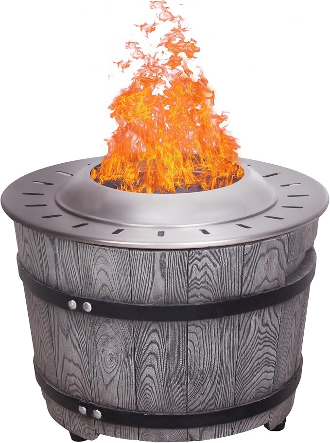 Afterglow Smokeless Fire Pit, 20.5" Round Wood Burning Stainless Steel Top and TerraFab Material Base,Firepit with Weather Cover Perfect for Outdoor Patio Garden, Wood Grain Gray