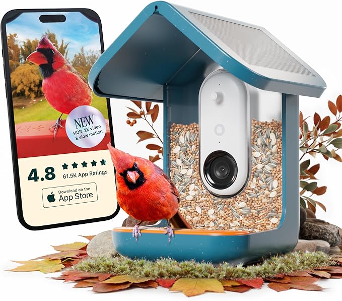 Birdbuddy PRO Solar Smart Bird Feeder with Camera - AI Bird Species Identification, 5MP Photos, 2K HD Video Live Stream Camera, Slow-Motion Video, 2.6in Focus - Blue Solar