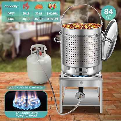 ARC 84QT Stainless Steel Seafood Boil Pot with 200,000BTU Propane Burner, w/Basket for Outdoor Deep Fryer, Large Cooking Pot for Turkey Fryer, Crab, Crawfish, Shrimp, Lobster Boiling Stock Pot